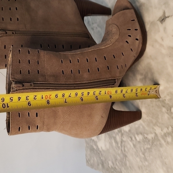 Envy Brown/Beige Throttle Suede Leather Peep-Toe Bootie, Size 9 - Picture 13 of 13